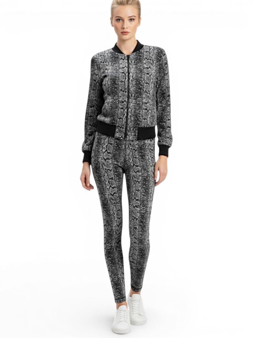 Gigi C Sport Snakeskin Black Reversible Bomber Jacket & Leggings Set XS / S